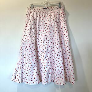 Vtg 100% cotton white red printed flared midi skirt  XL pockets elastic waist
